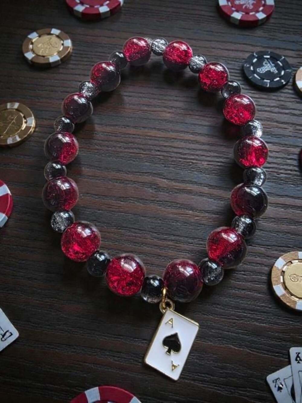 Red and Black Crackle Bead Bracelet with Ace of Spades Charm